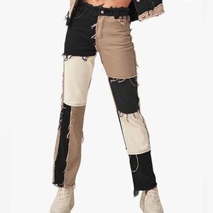Patchwork Pants Hight Waist Distressed Straight Denim Jeans